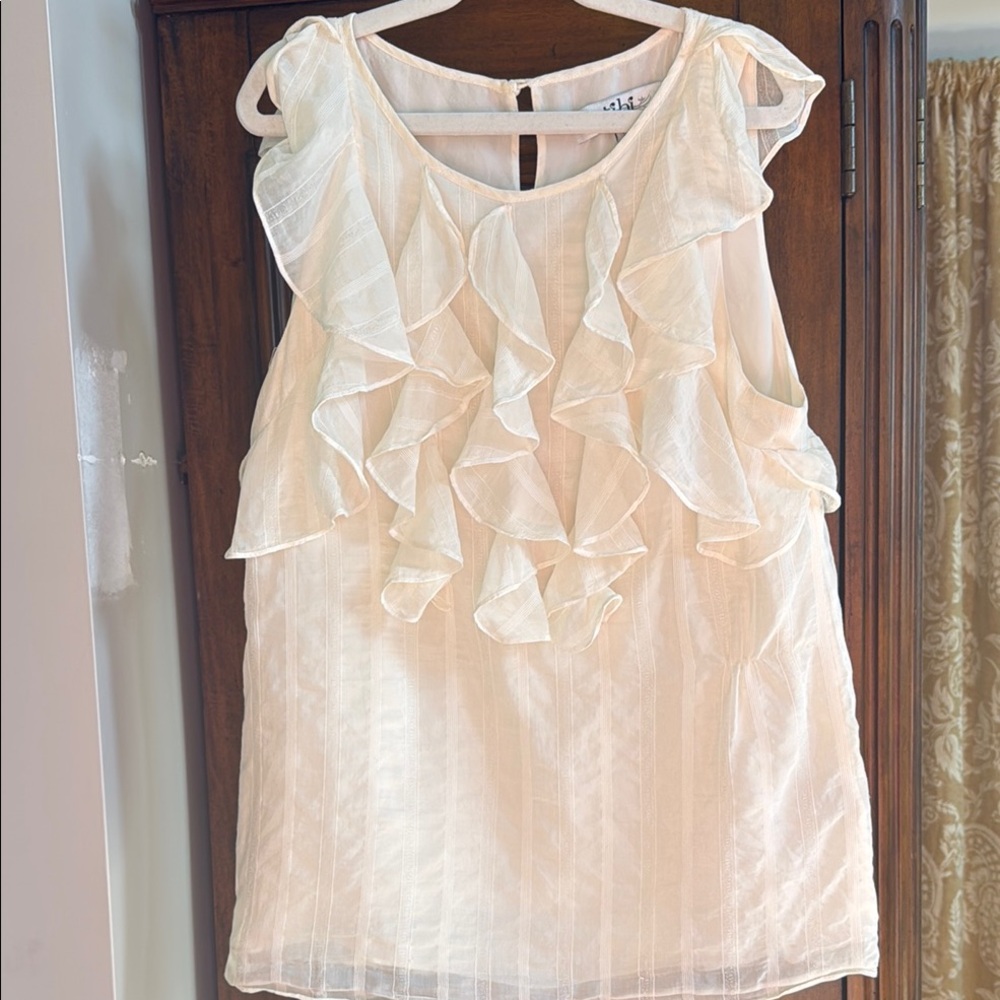 Tibi Cream Ruffled Blouse with Flutter Sleeves and Crew Neck